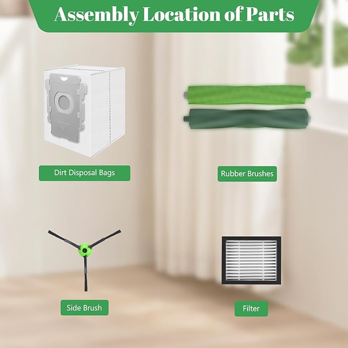 Replacement Parts for iRobot Roomba i2 i3 i3+ i4 i4+ i6 i6+ i7 i7+ i8 i8+/Plus E5 E6 E7, Robot Vacuum Accessories, 2 Set Roller Brush 8 Filters 8 Side Brushes 8 Vacuum Bags