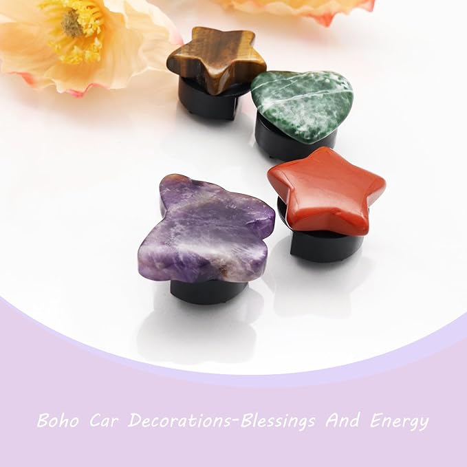 Boho Car Decor,4pcs Natural Stone Car Air Freshener Vent Clips,Butterfly Stars Heart Crystal Stones Dashboard Decoations Hippie Accessories for Women,Best Wishes for Lover Friends