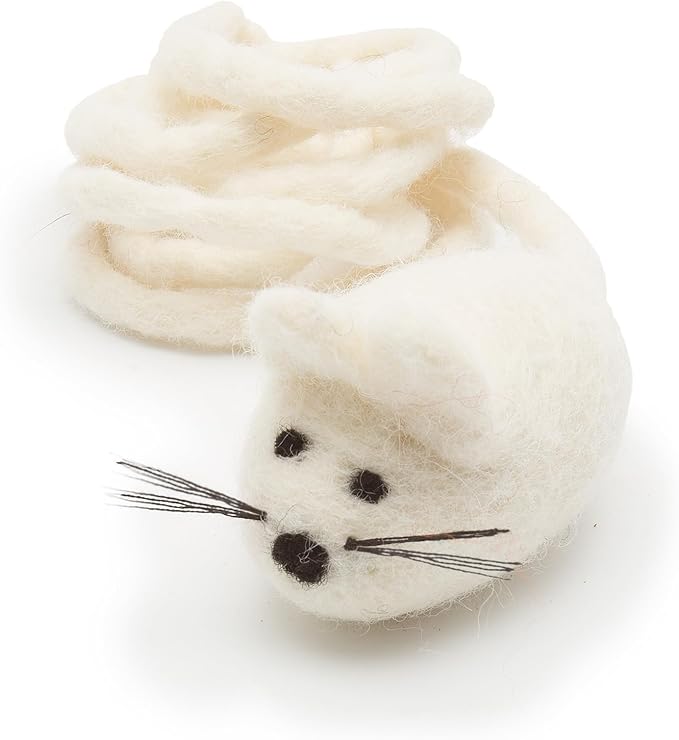 Glaciart One Felt Mouse Cat Toy – Soft Fuzzy Enrichment 100% Natural Wool - Interactive Catnip Play Cat Toy Set - Safe for Pets, Non-AZO Colored Dyes - 42” Long