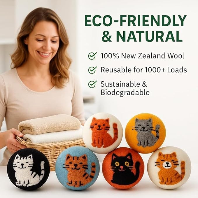 Laundry Wool Dryer Balls | Natural Fabric Softener – Reusable, Eco-Friendly, Reduces Drying Time – Wool Balls Replaces Dryer Sheets - Laundry Balls for Dryer (Cutie Cat (Type 1) 3XL)
