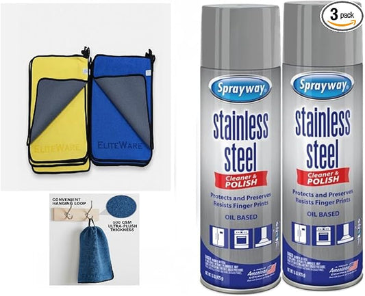 Sprayway Stainless Steel Cleaner Bundle – (2) 15 Oz Stainless Steel Cleaner Polish Cans + EliteWare Premium Microfiber Cloth – Streak-Free Shine for Appliances, Refrigerators & More