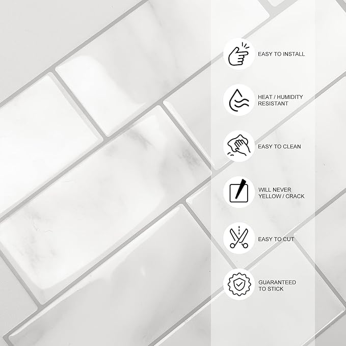 Subway Backsplash Tile Peel and Stick, Marble White Self Adhesive Tiles for Kitchen, 10-Sheet Stick on Backsplash for Kitchen and Bathroom (11.56x8.38)