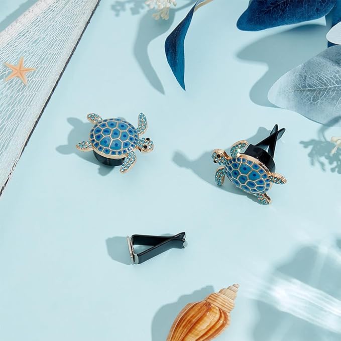 PLIGREAT 2 Pcs Sea Turtle Air Freshener Car Vent Clips Blue Rhinestone Turtle Air Vent Clips Cute Beach Style Alloy Accessories for Women Men Car Interior Decor