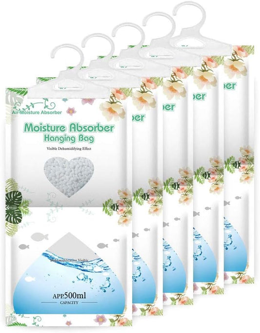 CANAGER Hanging Moisture Absorber,Hanging Dehumidifier Bags for Closet,Bedroom and Kitchen,Fragrance Free-5 Packs,Moisture Absorb 12.5OZ