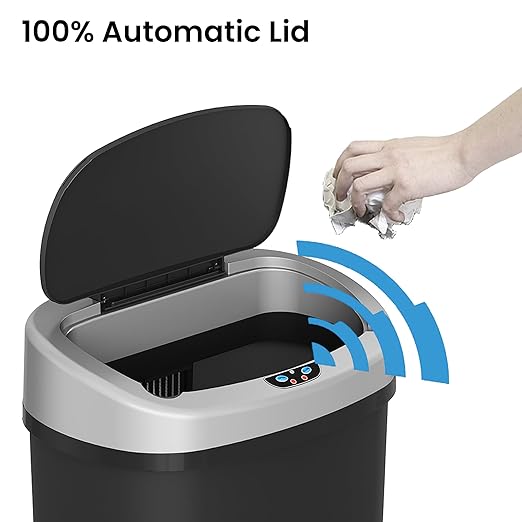 iTouchless 13 Gallon Sensor Kitchen Trash Can with Lid and Odor Filter, Durable Dent-Proof Automatic Waste Basket Garbage Bin Great for Home, Office, Business, Slim Space-Saving, Oval, Black Plastic