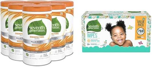 Seventh Generation Disinfecting Multi Surface Wipes, Botanical Disinfectant, 70 Count, Pack of 6 & Baby Wipes, 768 count, Made for Sensitive Skin with Flip Top Dispenser