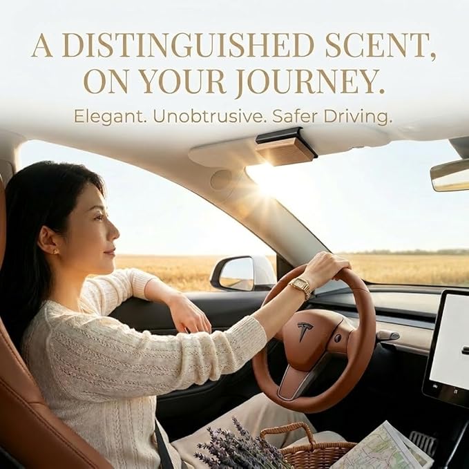 Magnetic Wooden Car Air Freshener Set, 2-Pack Sun Visor Vent Clip, Long Lasting 90 Days Natural Essential Oil Diffuser, Odor Neutralizer with Amber & Oud and Tropical Escape, Premium Car Accessories