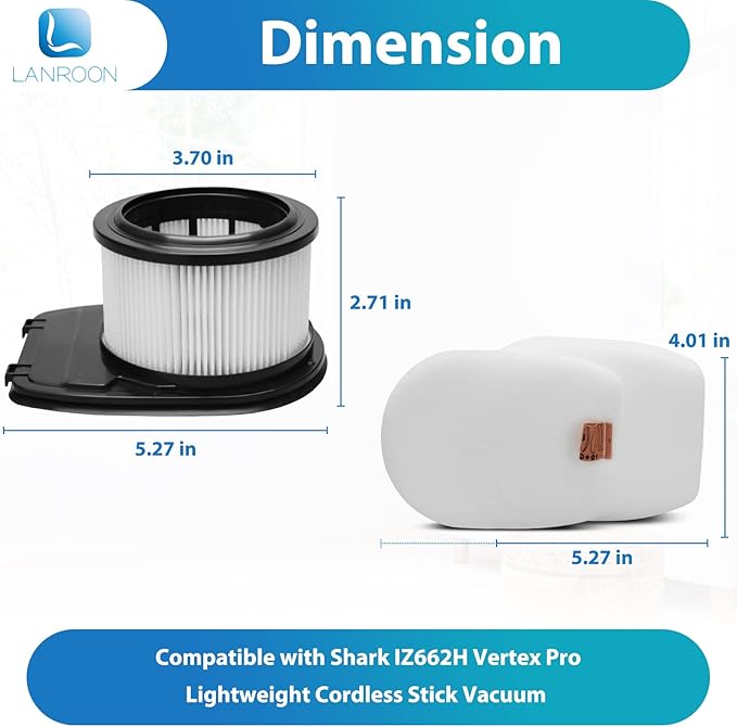 IZ662H Filter for Shark IZ662H IZ631H WZ531H IZ682H Vertex Pro Lightweight Cordless Stick Vacuum, Part XHFIZ500 & XFFKIZ600, 2 Pack HEPA Filter 4 Pack Foam & Felt Filter Kit