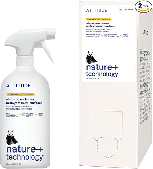 Bundle of ATTITUDE Multipurpose Spray Cleaner, Efficient Multi-Surface Plant & Mineral-based Formula, Vegan and Cruelty-Free, Citrus Zest, 27.1 Fl Oz + Bulk Refill Format, 135.26 Fl Oz