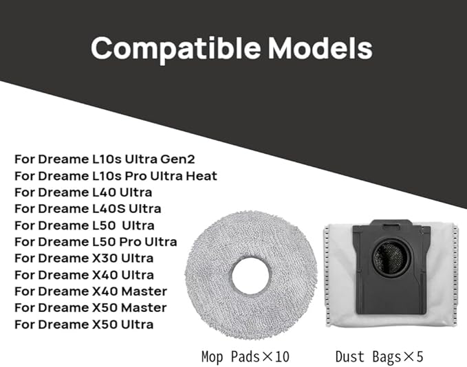 (15 Pcs) Dust Bags and Mop Pads Replacement for Dreame X50 Ultra/X40 Ultra/L40 Ultra/X30 Ultra/L40S Ultra/X40 Master/L50 Pro Ultra/ X50 Master Robot Vacuum，5 Dust Bags ，10 Mop Pads