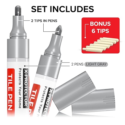 X-Protector Water Based Grout Marker - 2 PCS with 8 Tips, Light Gray