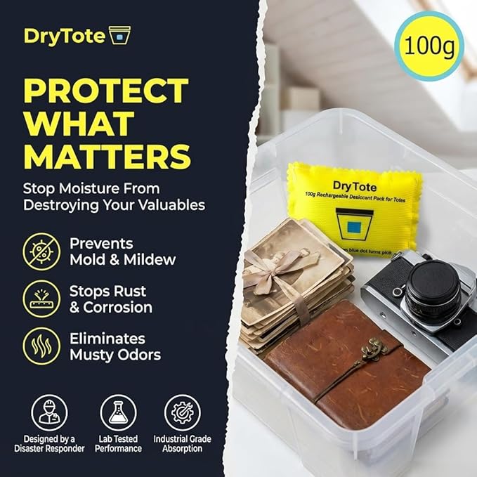 DryTote Rechargeable Desiccant Pack (10 Pack), Ultimate Moisture Absorption, Color Change Indicator, Safe Storage Protection, Large Capacity 200 Gallons, 100g, Yellow