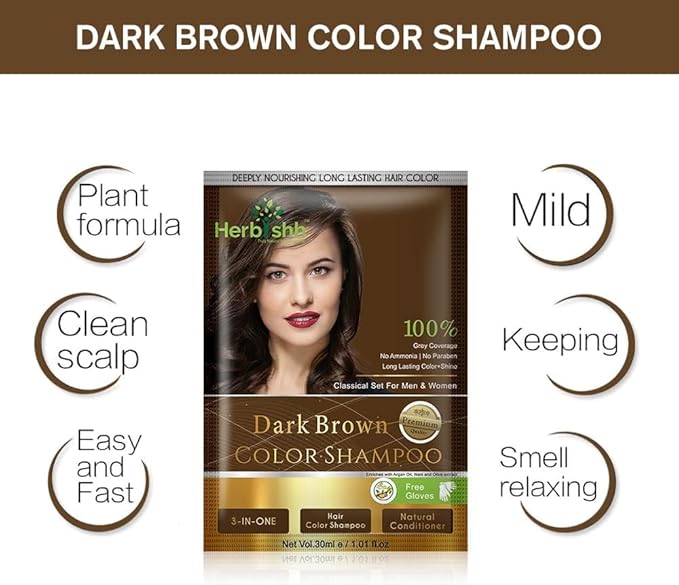 Herbishh Hair Color Shampoo for Gray Hair Dark Brown + Hair Color Stain Remover Wipes - Travel Pack With 5 Wipes