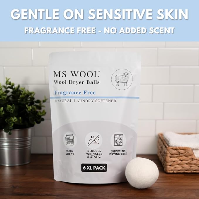 Fragrance-Free Wool Dryer Balls (6 XL Pack) – Natural Fabric Softener, Reusable, Reduces Wrinkles & Saves Drying Time, Better Alternative to Liquid Softeners & Dryer Sheets