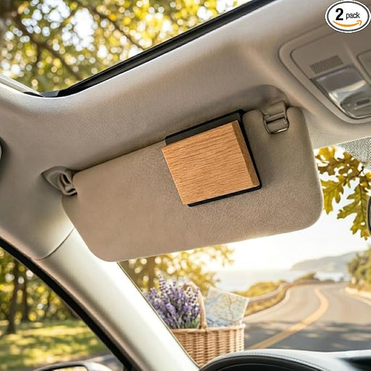 Magnetic Wooden Car Air Freshener Set, 2-Pack Sun Visor Vent Clip, Long Lasting 90 Days Natural Essential Oil Diffuser, Odor Neutralizer with Amber & Oud and Tropical Escape, Premium Car Accessories