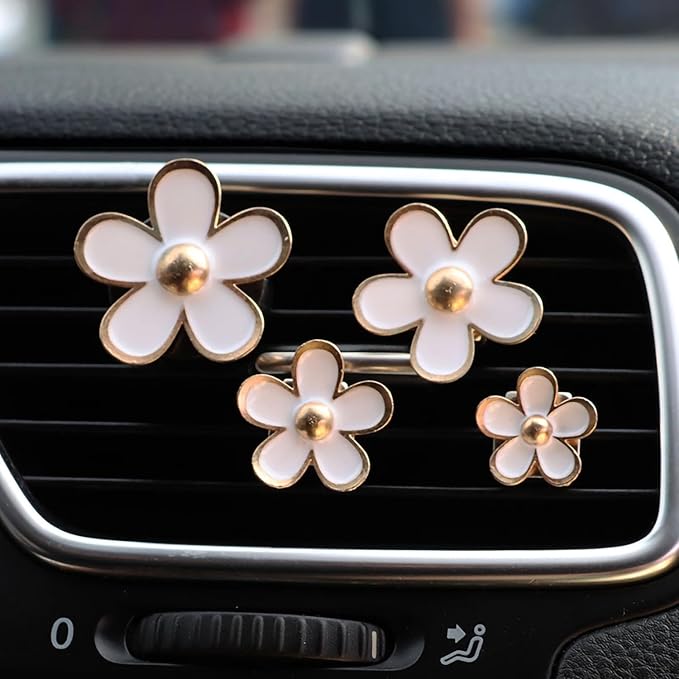 Daisy Air Vent Clips, 4 Pcs Cute Flower Car Air Conditioning Outlet Clip Car Air Freshener Clip Charm Car Inter Decor Accessories for Women (White)