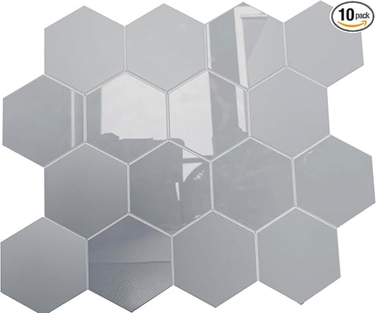 New Upgrade Premium Hexagon Peel and Stick Tile Backsplash竊똌atte Grey Waterproof Stick on Backsplash, Self-Adhesive Marble Tiles for Kitchen,Bathroom and Bedroom竊?0-Sheet.