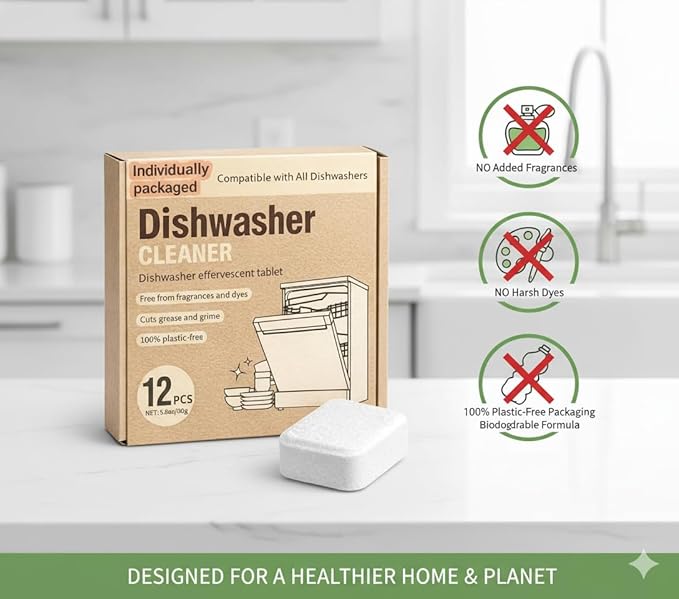Dishwasher Cleaner Tablets | Eliminates Limescale, Grease & Odors | Septic Safe, Fragrance-Free, Plastic-Free | Deep Clean & Maintain All Dishwashers