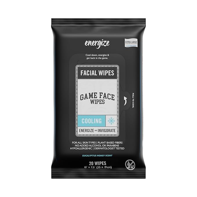 Game Face Cooling Face Wipes 25 Count XL Size Compostable Cloth Naturally Formulated and Lightly Scented Hydrating, Energizing, and Invigorating Wipes for Athletic, Sport, and On The Go Needs.