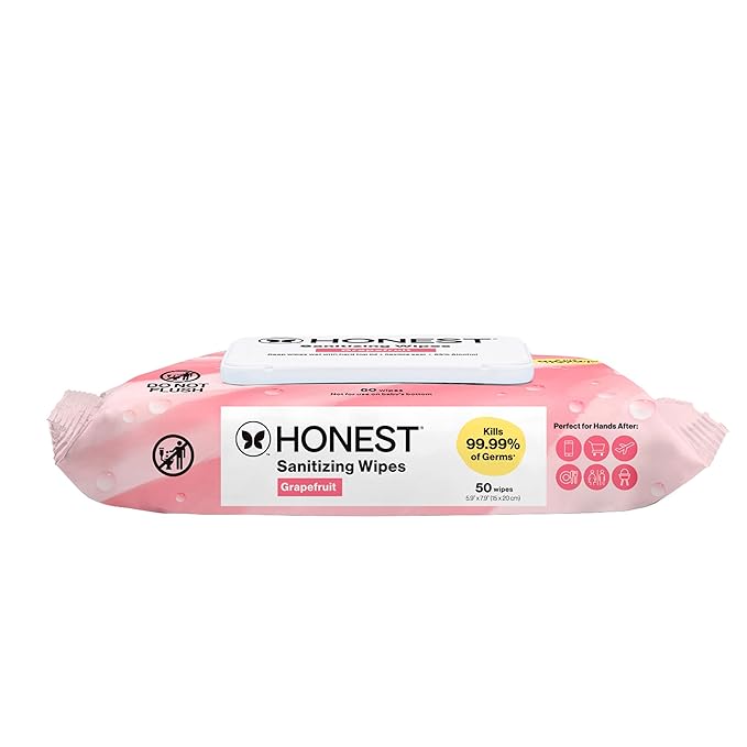The Honest Company Grapefruit Grove Sanitizing Wipes, Kills 99.99% of Germs, Safe for All Hands, Antibacterial, Dermatologist Tested, 50 Count