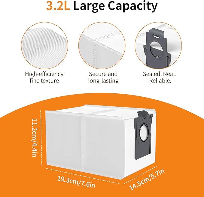 10 Pcs Vacuum Bags for Mova P10 Pro Ultra/Dreame L40 Ultra/ L10s Ultra Gen 2/ X40 Ultra/X50 Ultra/ E30 Ultra/ P50 Pro Ultra Robot Vacuum, 3.2L Large Capacity Replacement Dust Bag Accessories White