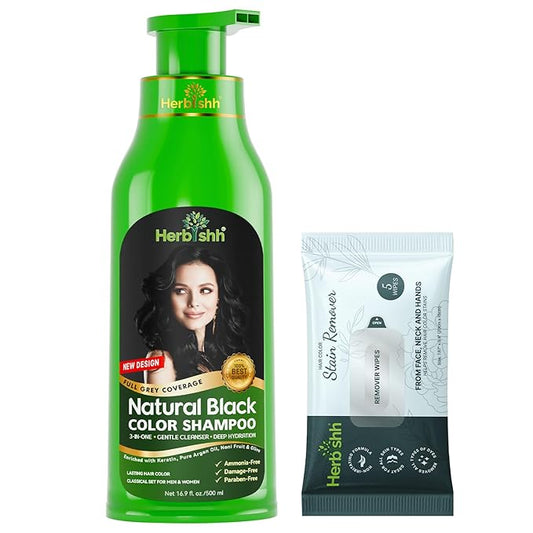 Herbishh Hair Color Shampoo for Gray Black 500 ML + Hair Color Stain Remover Wipes + Travel Pack With 5 Wipes