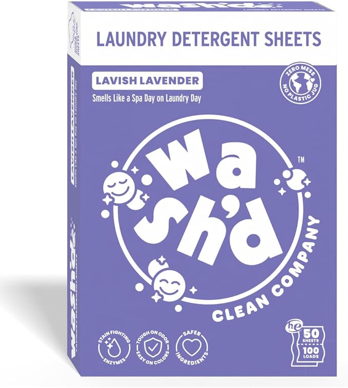 Wash'd Laundry Detergent Sheets - 100 Loads - Non Toxic Stain Fighting Enzymes - Plastic Free Travel Friendly Drawer Box - Lavish Lavendar