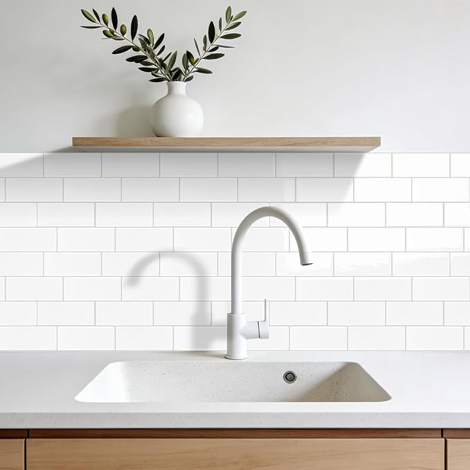 Subway Backsplash Tile Peel and Stick, Pure White Self Adhesive Tiles for Kitchen, 10-Sheet Stick on Backsplash for Kitchen and Bathroom (11.56“x8.38)
