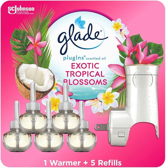 Glade PlugIns Refills Air Freshener Starter Kit, Scented and Essential Oils for Home and Bathroom, Tropical Blossoms, 3.35 Fl Oz, 1 Warmer + 5 Refills