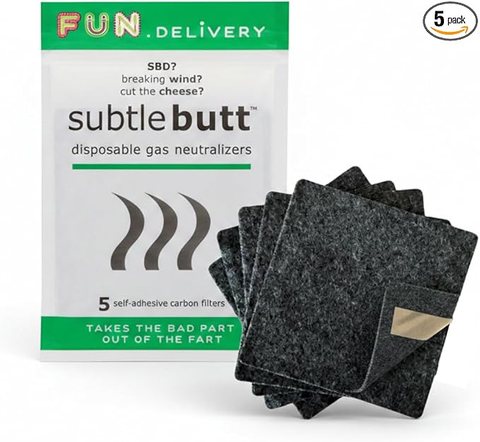 Subtle Butt Disposable Activated Charcoal Odor Absorber for Gas Relief for Adults, Flatulence Deodorizing Pad, 5 Pack Thin Carbon Fart Filter Underwear & Gag Gifts That Actually Work