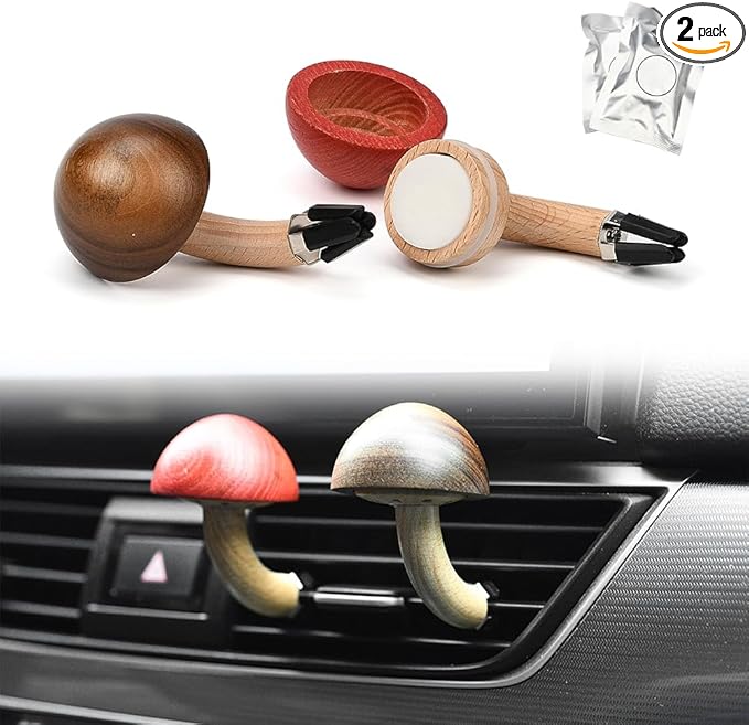 XhuangTech 2 Pack Wood Car Diffusers Vent Clips with Fragrance Pads, Car Air Diffuser Freshener Vent Clip, Natural Wood Air Conditioning Cute Auto Interior Accessories Mushroom Decoration for Cars