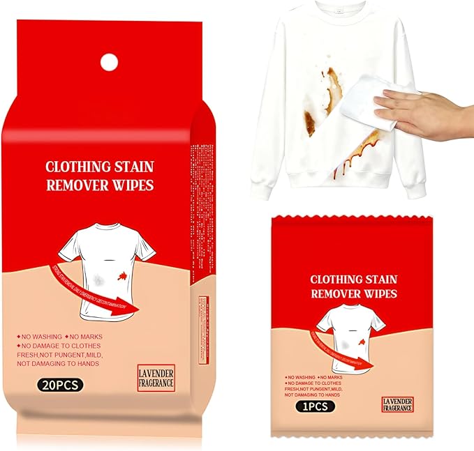Stain Remover Wipes, Stain Wipes, Individually Packaged Compact and Easily Removes Stains and Food Residue from Clothes, Fabrics, and Carpets, 20 pieces