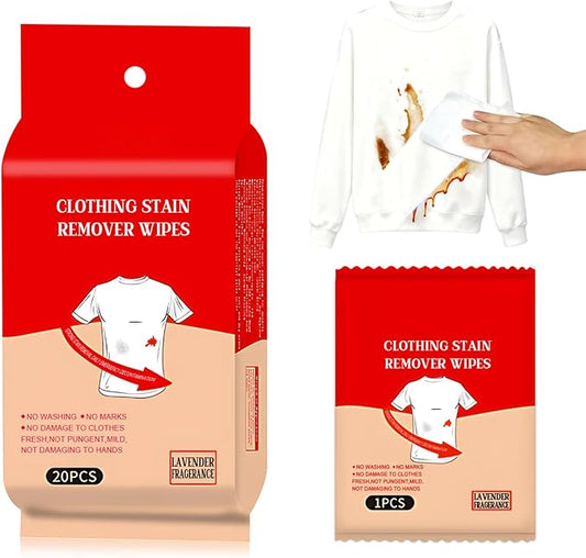 Stain Remover Wipes, Stain Wipes, Individually Packaged Compact and Easily Removes Stains and Food Residue from Clothes, Fabrics, and Carpets, 20 pieces