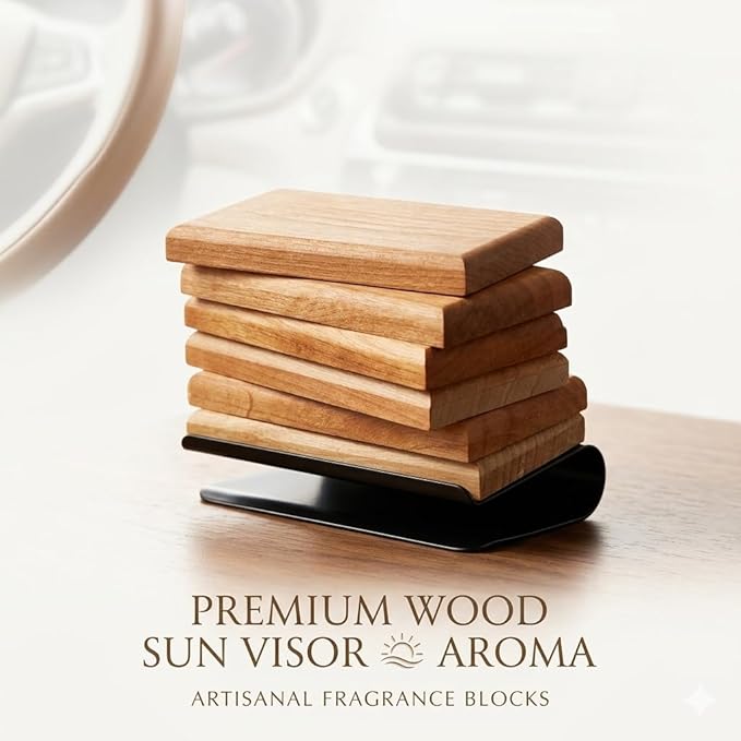 Magnetic Wooden Car Air Freshener Set, 2-Pack Sun Visor Vent Clip, Long Lasting 90 Days Natural Essential Oil Diffuser, Odor Neutralizer with Amber & Oud and Tropical Escape, Premium Car Accessories