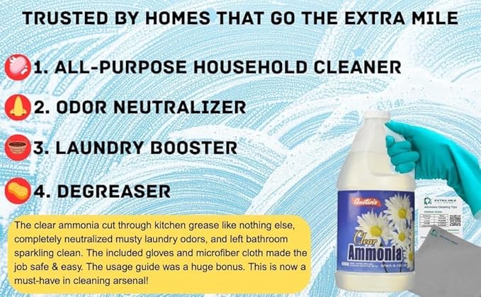 Clear Ammonia Cleaning Kit – 2 x 64oz Bottles with Gloves, Microfiber Cloth & Usage Guide – Odor Neutralizer, Degreaser & Laundry Booster
