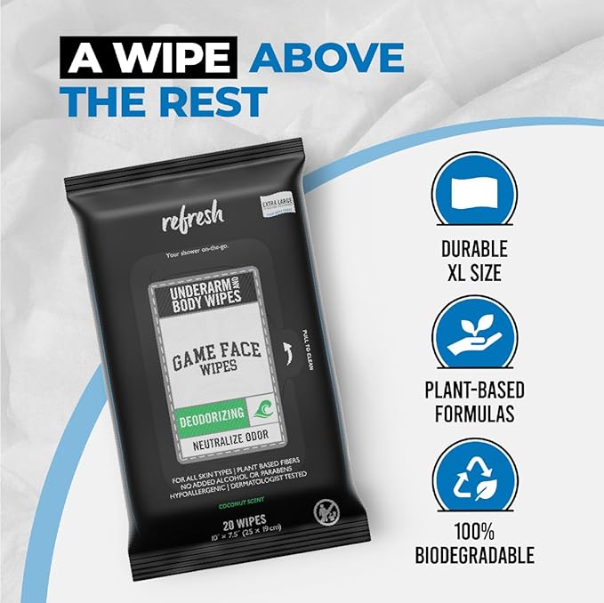 Game Face Deodorizing Body Wipes 25 Count Extra Large Size Compostable Cloth Naturally Formulated Hydrating, Refreshing, and Odor Neutralizing Wipes for Athletic, Sport, and On The Go Needs