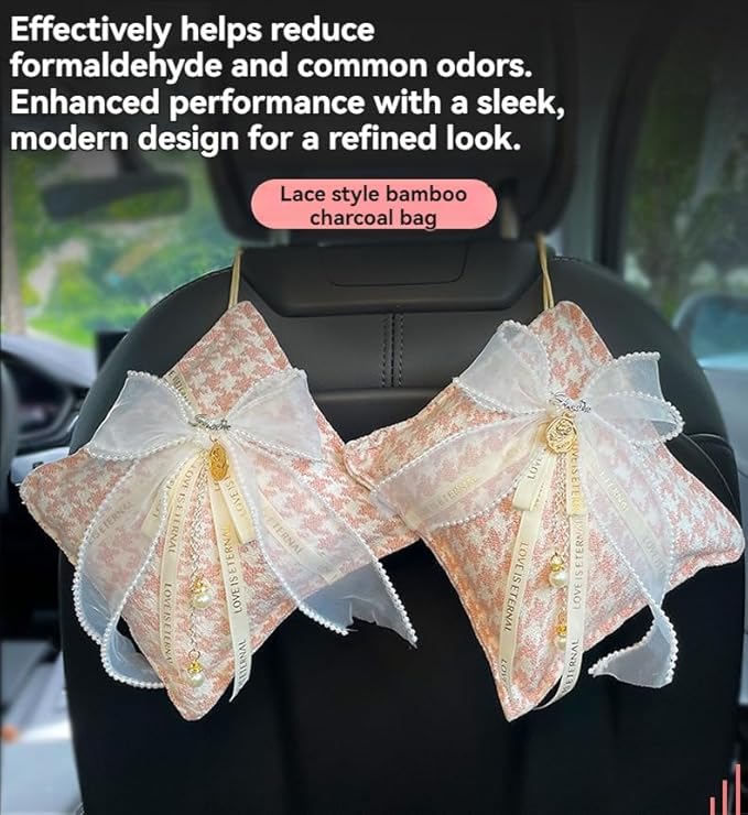 Car Accessories — Houndstooth Bamboo Charcoal Air Purifying Bag with Cotton Fabric & Natural Charcoal Classic Plaid Design for Car Interior, Home & New Vehicles (Pink Single-Layer)