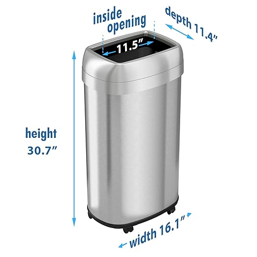 iTouchless 16 Gallon Open Top Kitchen Trash Can Recycling Bin with Wheels and Double Odor Filters Oval Commercial Stainless Steel 60 Liter Trashcan for Home Office Work Bedroom Livingroom Garage