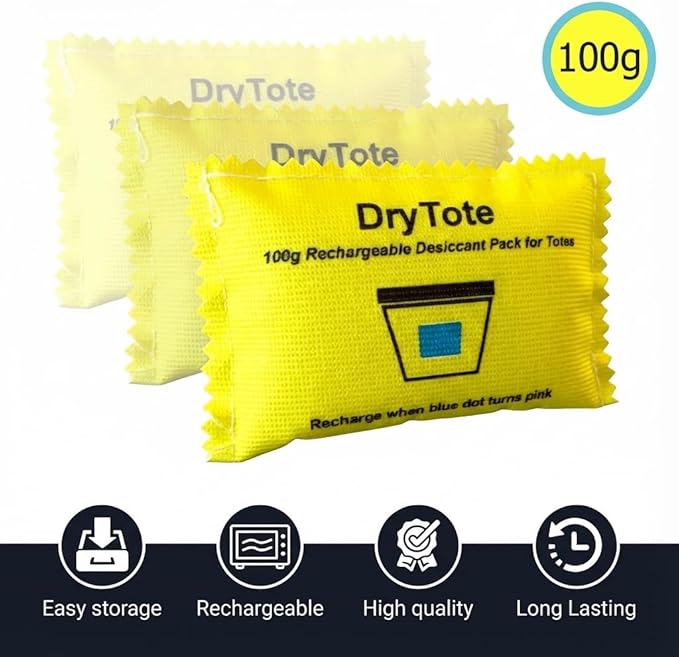 DryTote Rechargeable Desiccant Pack (Pack of 50), Ultimate Moisture Absorption, Color Change Indicator, Safe Storage Protection, Large Capacity 200 Gallons, 100g, Yellow