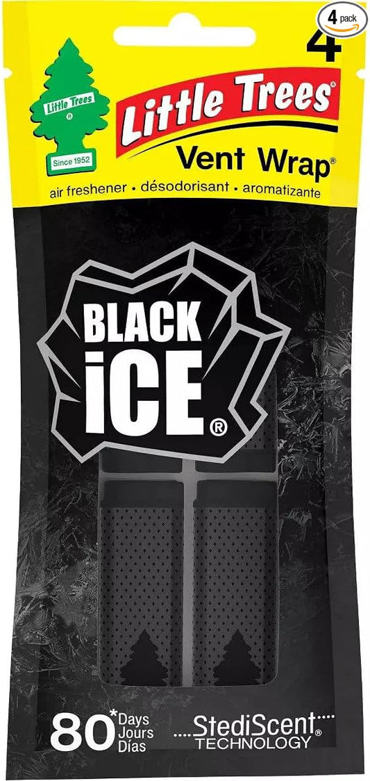 LITTLE TREES Car Air Freshener | Vent Wrap Provides Long-Lasting Scent, Slip on Vent Blade | Black Ice, 4 Packs (4 Count)