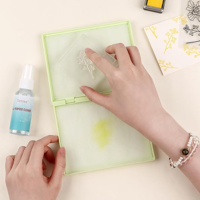 Briartw Stamp Cleaning Kit:Yellow Stamp Scrubber & All-Purpose Stamp Cleaner Spray | Dual-Sided Cleaning Pad for Rubber, Clear, Cling & Foam Stamps | Complete Care for Water-Based & Permanent Inks