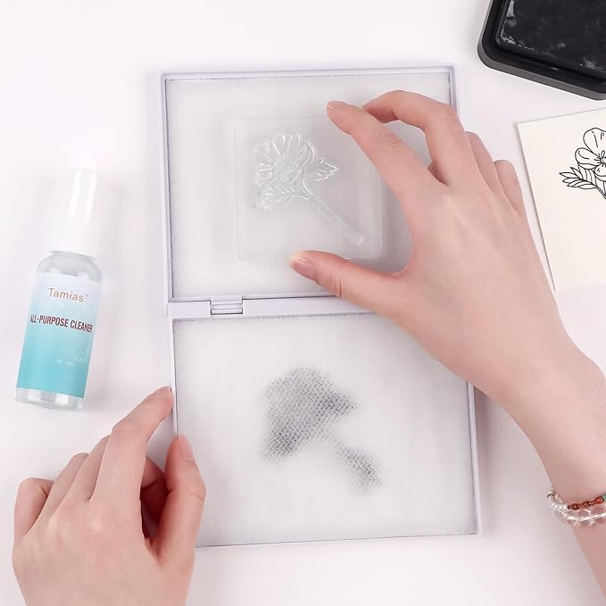 Briartw Stamp Cleaning Kit:White Stamp Scrubber & All-Purpose Stamp Cleaner Spray | Dual-Sided Cleaning Pad for Rubber, Clear, Cling & Foam Stamps | Complete Care for Water-Based & Permanent Inks