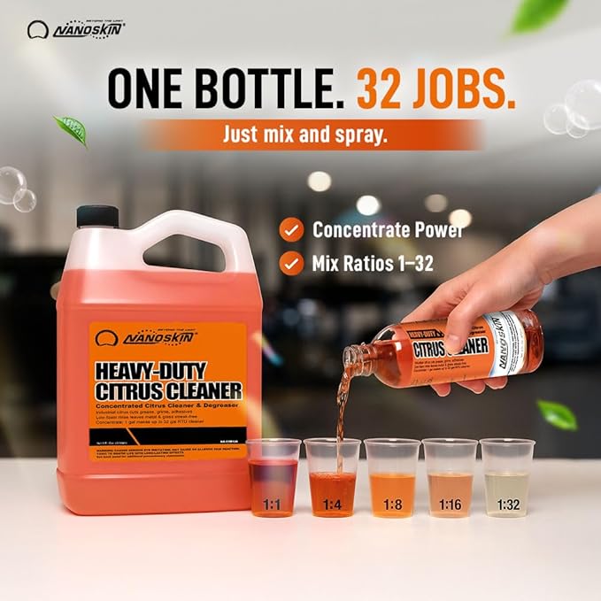 NANOSKIN Heavy-Duty Citrus Cleaner & Degreaser Concentrate 16 Oz, Low-Foam Solvent, Dilutes up to 1:32, Cuts Grease Tar Adhesives, Safe on Metal Concrete Engines, For Auto Detailing, Shop & Home