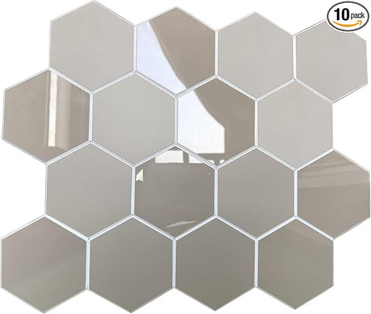 Thickened Hexagon Peel and Stick Tile Backsplash, New Upgrade Glossy and Matte Beige Waterproof Stick on Backsplash, Self-Adhesive Marble Tiles for Kitchen,Bathroom and Bedroom，10-Sheet.