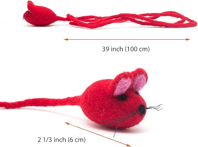 Glaciart One Felt Mouse Cat Toy – Soft Fuzzy Enrichment 100% Natural Wool - Interactive Catnip Play Cat Toy Set - Safe for Pets, Non-AZO Colored Dyes - 42” Long