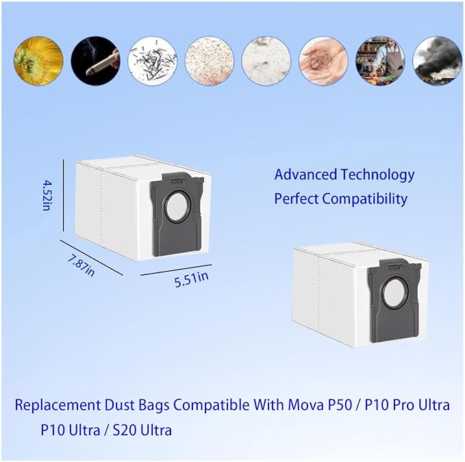 Dust Bags and Mop Pads Replacement For Mova P50 Ultra / P10 Pro Ultra / P10 Ultra Self-Empty Station Vacuum Cleaner, Spare Parts Accessories