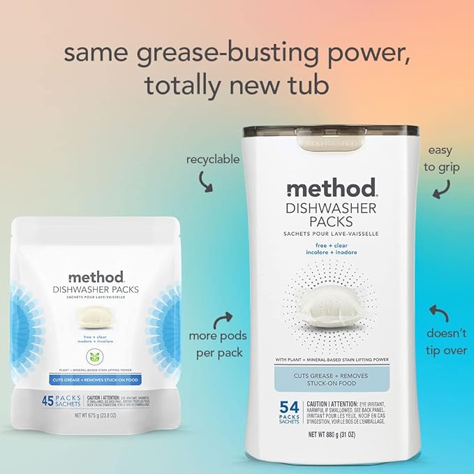Method Dishwasher Detergent Packs, Fragrance Free + Clear, Dishwashing Rinse Aid to Lift Tough Grease and Stains, 54 Dishwasher Tabs per Package, (Pack of 2)