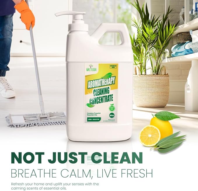 Naeterra Aromatherapy Cleaning Concentrate – Lemon & Eucalyptus | Ultra-Concentrated, Plant-Based Household Cleaner | Half Gallon Makes 24 Gallons | Non-Toxic & Biodegradable