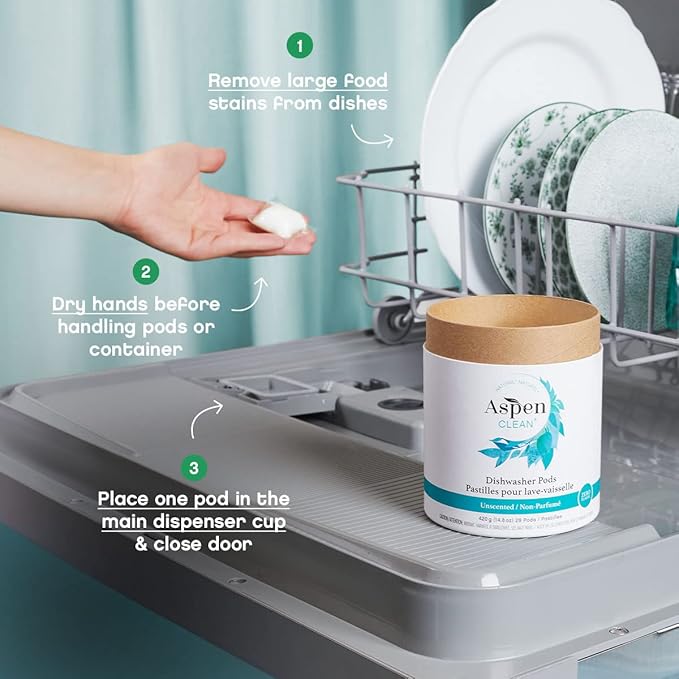 AspenClean | Unscented Dishwasher Pods | Cuts Grease and Grime | Zero Plastic | Non - Toxic | 100% Natural Dishwasher Detergent | EWG Verified - 28 Count