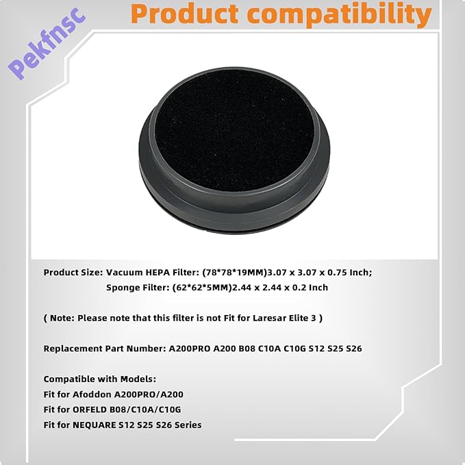 HEPA Filter Fit for Afoddon A200Pro A200 Fit for ORFELD B08 C10A C10G Fit for NEOUARE S12 S25 S26 Series Cordless Vacuum Cleaner with Sponge Filters Replacement Parts